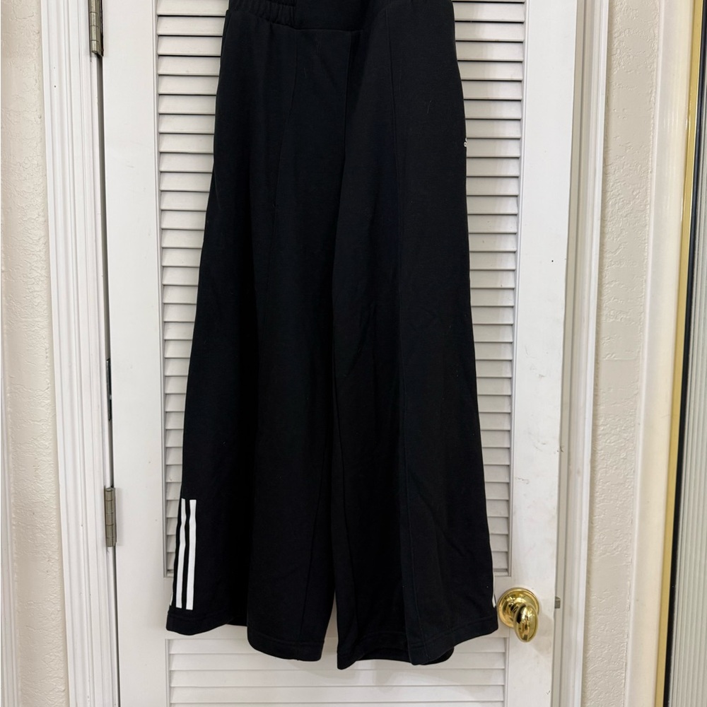 adidas Black Wide Leg Track Pants with White Stripes